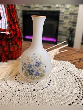 Vintage Frosted Glass Bud Vase | Hand-Painted Blue Violet Floral Vase | Italian